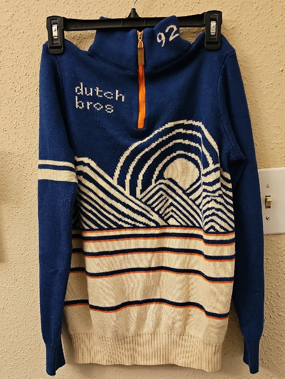 Dutch Bros Men's Blue and Cream Zip Sweater